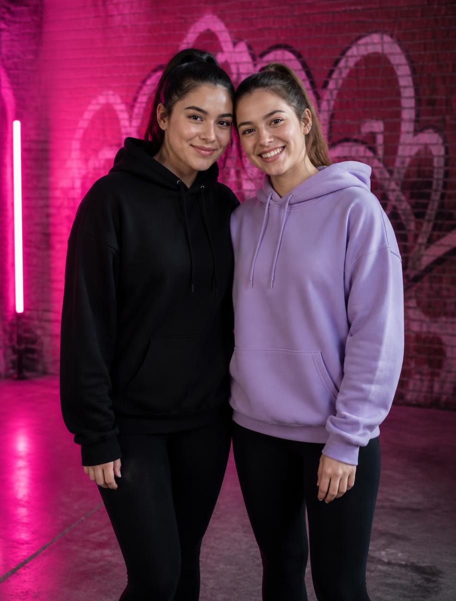 Two ARABICS® friends shoulder to shoulder in pink light